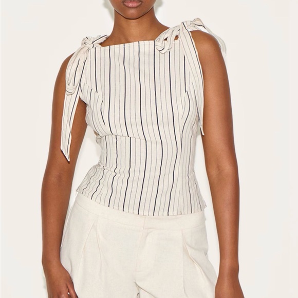 PrettyLittleThing Tops - PrettyLittleThing Linen‎ Blend Striped Tie Strap Top NWT Size 4 beige